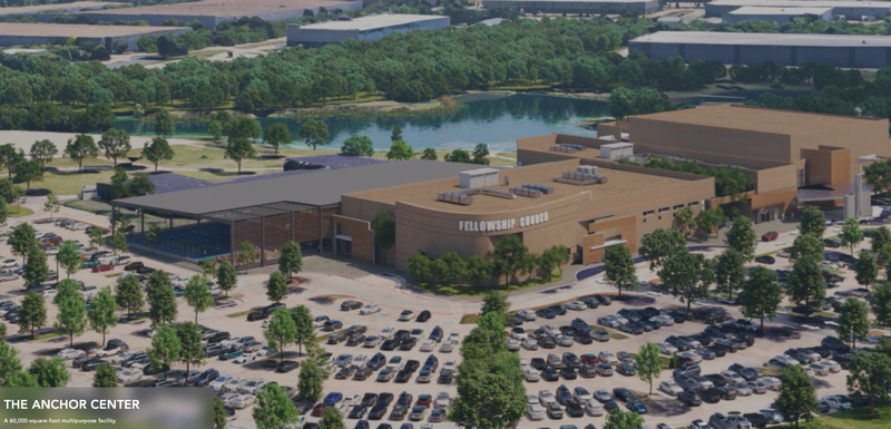 Aerial view of The Anchor Center at Fellowship Church showing the modern church facility with large parking areas and surrounding green spaces