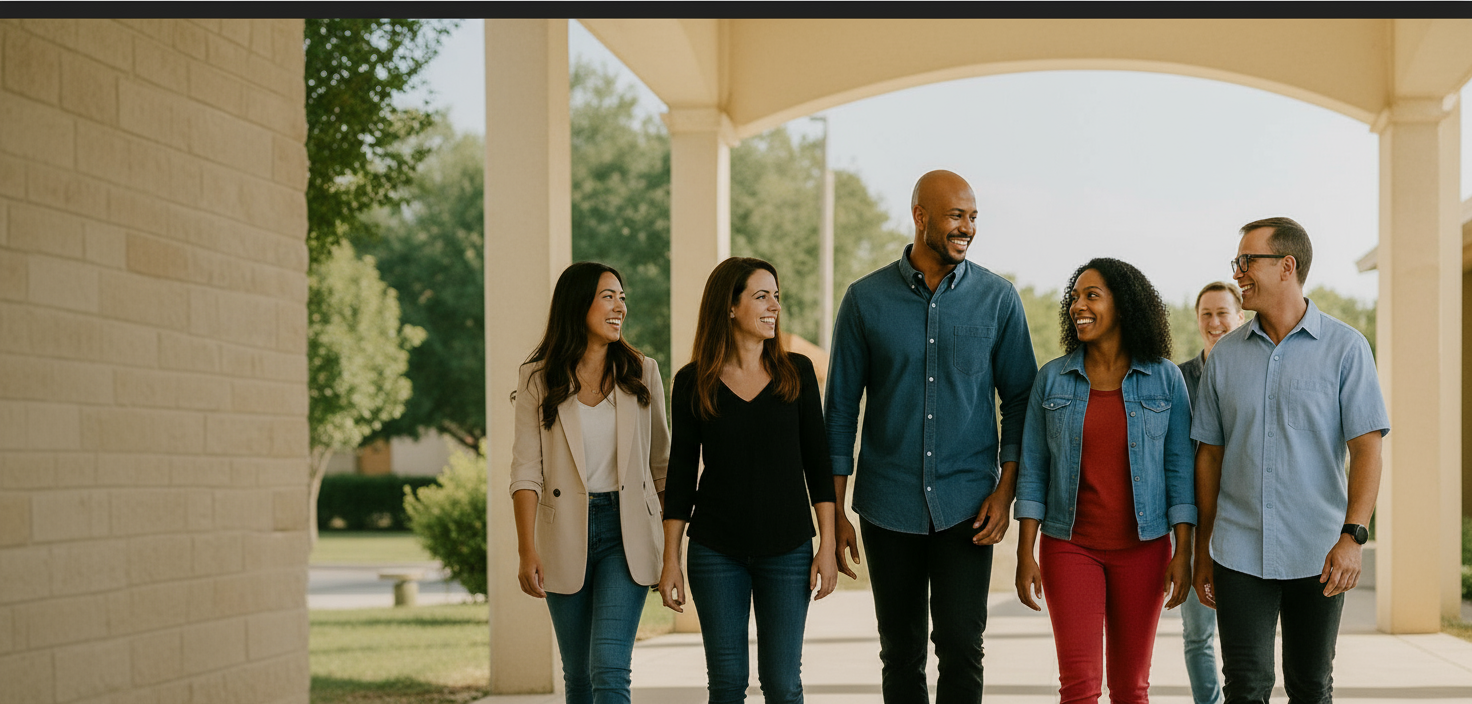 Diverse team of church leaders walking together through church entryway with welcoming columns