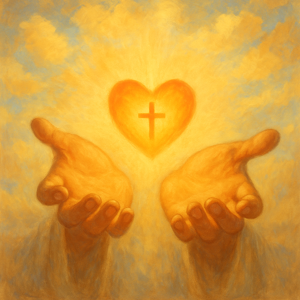 Open hands offering a glowing heart with cross symbol against golden sky, representing Christian faith and giving
