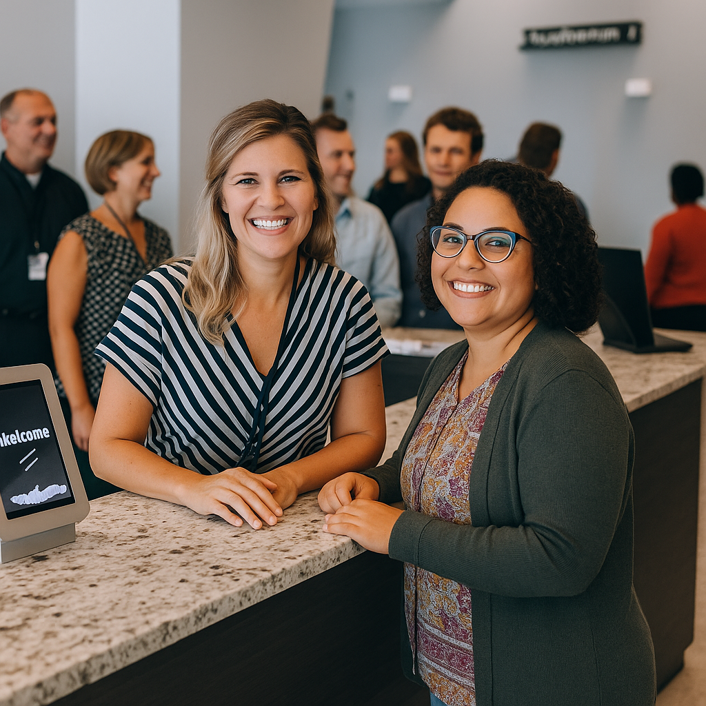 Two smiling church volunteers greeting people at a welcome desk