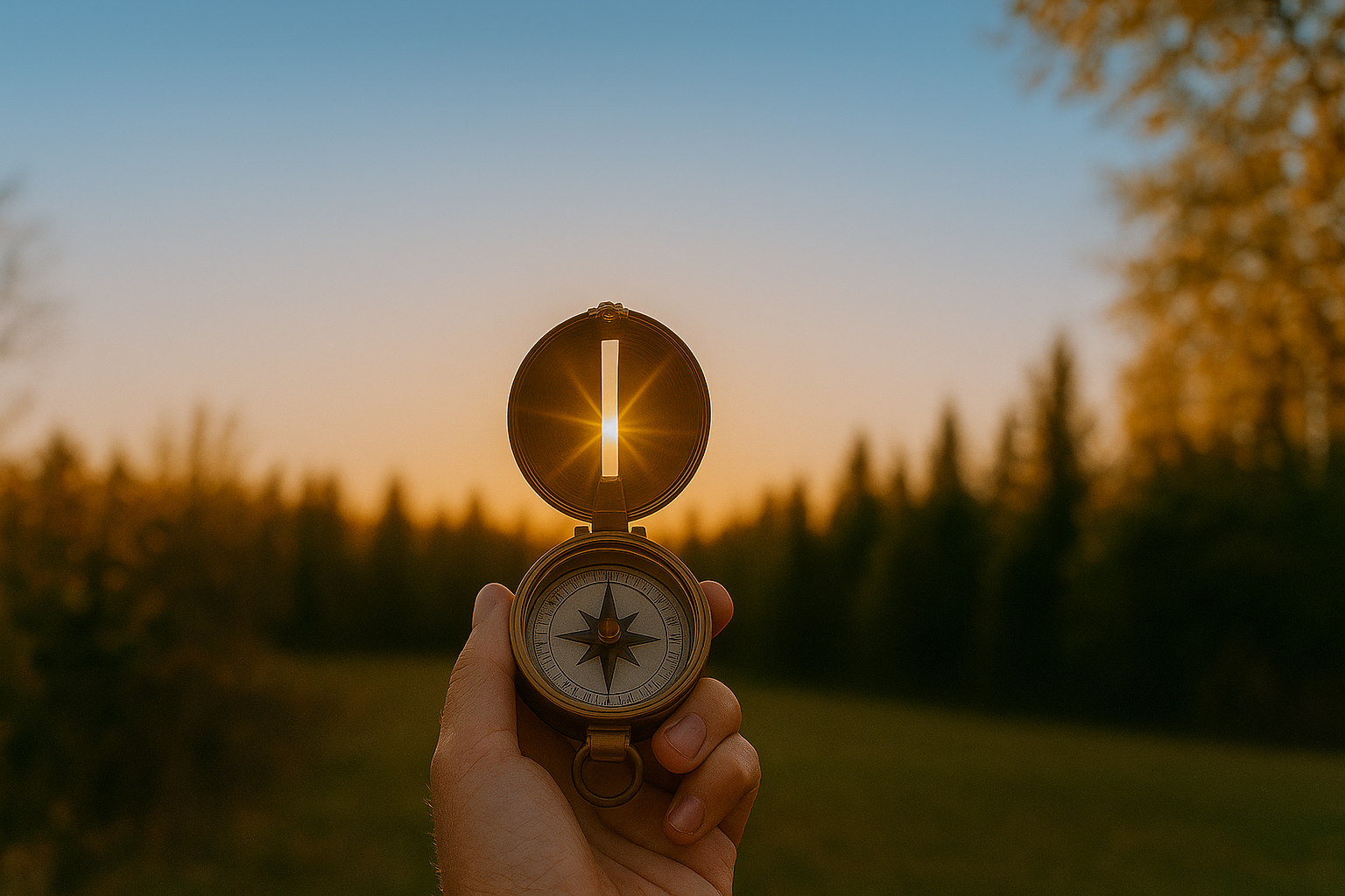 Hand holding an open brass compass with golden sunlight streaming through, symbolizing guidance and direction for finding answers