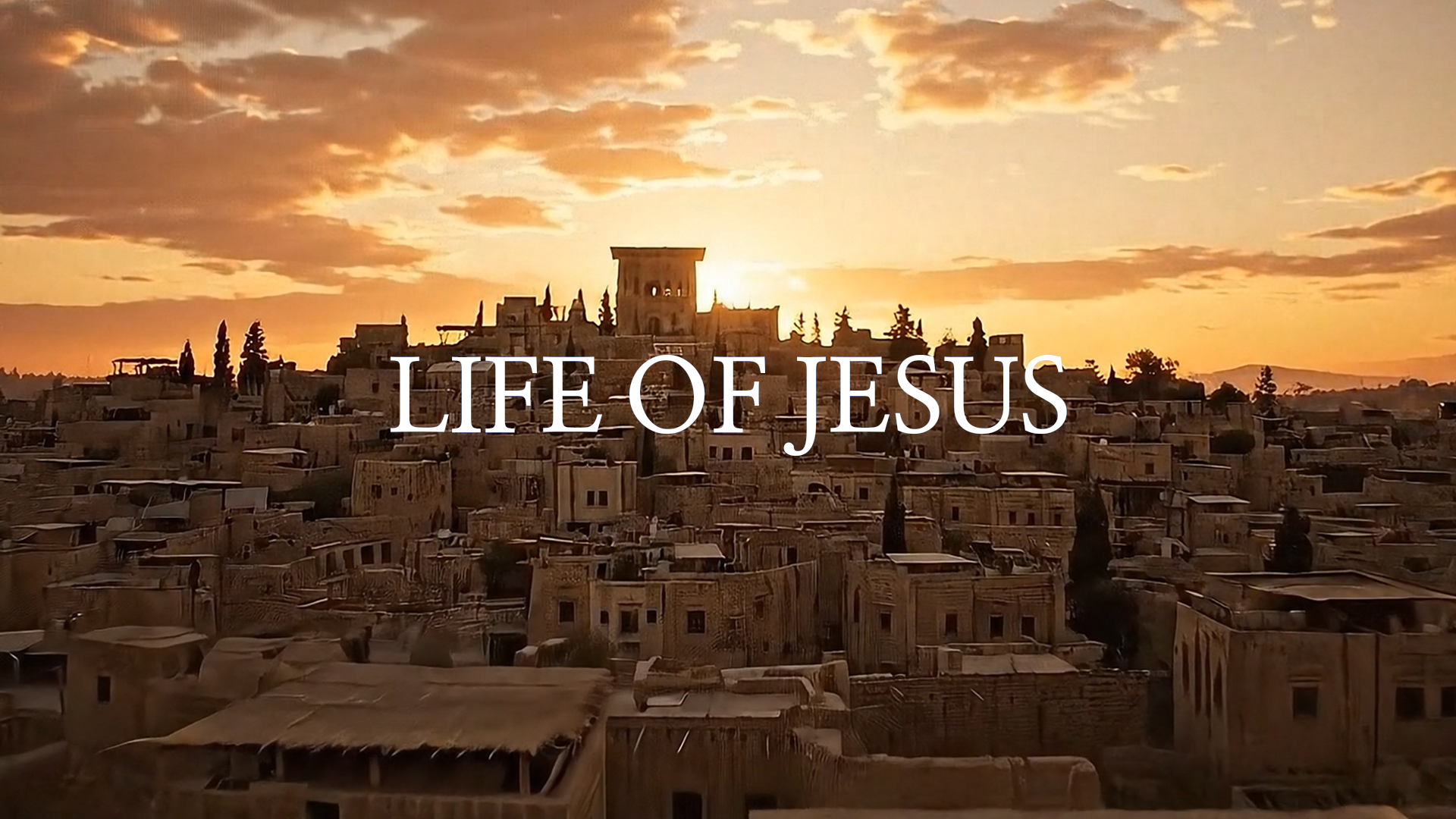 Life of Jesus Podcast - Ancient Jerusalem cityscape at golden hour with dramatic sunset sky